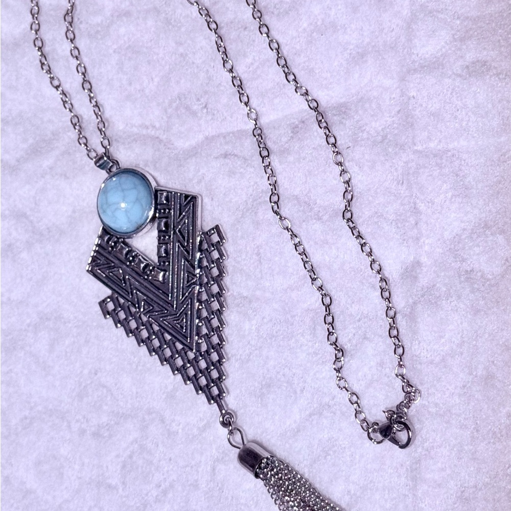 Long Silver Tone Blue Howlite Tassel Necklace